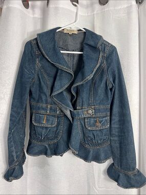 Romy vintage Dark Blue Denim Ruffle-Trim Y2K flare Jacket